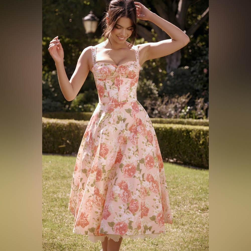 (SOLD) House of CB Rosalee Pink Peony Print Cotton Bustier Sundress, Size S
